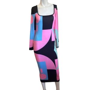 AMYSHEHAB Abstract Black Pink Blue Bodycon Midi Dress sz L NWT